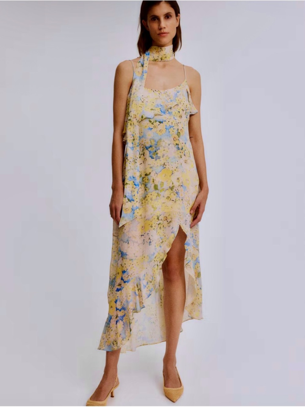 NWT MAMA FLOUNCED CHIFFON DRESS WITH SCARF IN FLORAL YELLOW, SIZE S.
